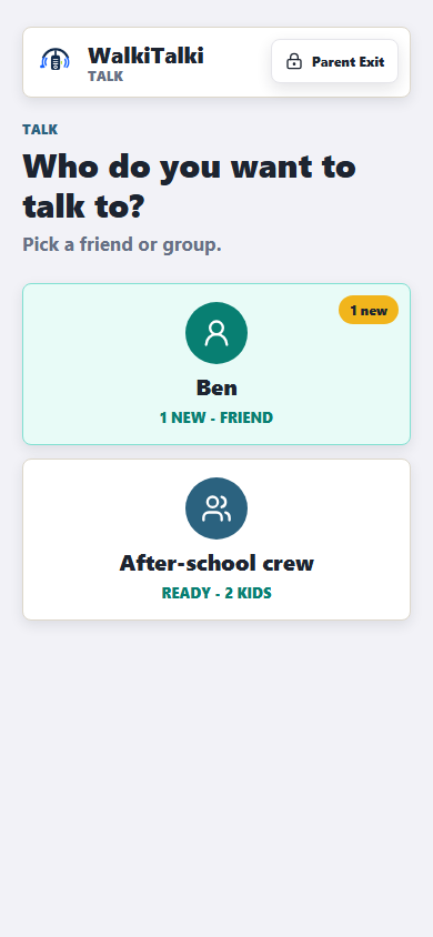 WalkiTalki kid home showing approved contacts and group options