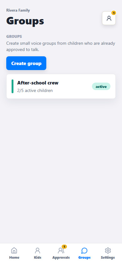WalkiTalki parent groups screen showing small approved groups