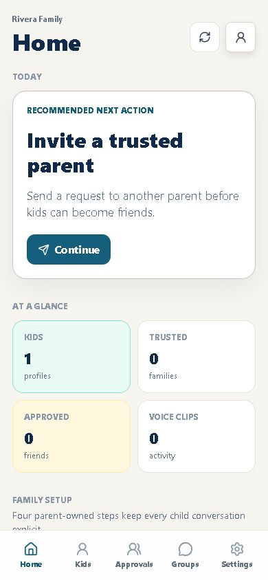 WalkiTalki Parent Home showing children, pending approvals, and history