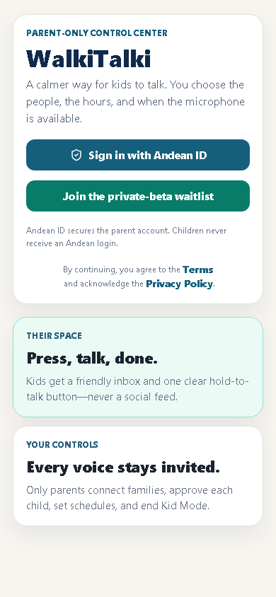 WalkiTalki signed out screen with Andean ID parent sign in